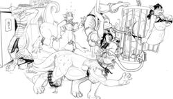 2011 all_fours anthro anus breasts cage ceratopsian dinosaur door dragon dragon_taur egg egg_laying female genitals group horn male money monochrome multi_breast ornithischian penis pole pregnant raised_tail reptile scalie soty stripper_pole taur transformation triceratops