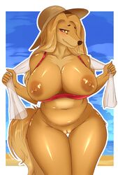 2017 anthro areola big_breasts blush breasts canine dogmom female harnny looking_at_viewer mabel_(cherrikissu) mammal nipples pussy solo