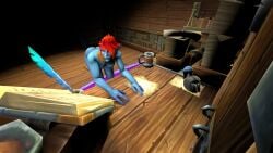1girl 3d 3d_(artwork) ass blue_body blue_skin female nowrin orange_eyes red_hair ship source_filmmaker troll troll_(warcraft) troll_female warcraft world_of_warcraft
