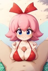 1boy 1girls ai_generated beach fairy kirby_(series) kirby_64 kirby_64:_the_crystal_shards paizuri pink_hair red_bikini ribbon_(kirby) ribbon_in_hair