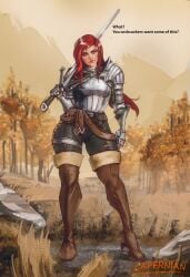altus_plateau armor armored_female badass capernian cocky elden_ring female_in_armor leggings minyerva no_nudity oc red_hair thick_ass thick_thighs thigh_gap thigh_high_boots tight_pants warrior