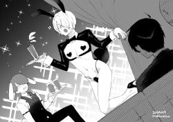 3boys bunny_ears bunnysuit crossdressing dilf father_and_son femboy femboy_dilf gegege_no_kitarou hair_over_one_eye heart_pasties high_heels kitarou kitarou_tanjou_gegege_no_nazo male male_only medama_oyaji_(human) mizuki_(gegege_no_kitarou) mokkaseiya monochrome parent_and_child pasties reverse_bunnysuit solo_focus tray twink