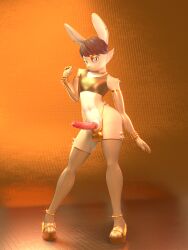 3:4 3d_(artwork) anthro big_penis blender_(artwork) blue_eyes bracelet brown_hair clothing digital_media_(artwork) ear_piercing erection femboy fur genitals gold_(metal) gold_accessory gold_bracelet gold_clothing gold_ear_ring gold_jewelry gold_makeup hair hi_res jewelry lagomorph leporid lipstick looking_at_viewer makeup male mammal multicolored_body panties peachhqa penis piercing rabbit smile smirk solo thick_thighs tyler_(peachhqa) underwear