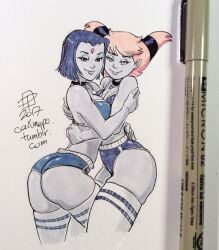 2girls booty_shorts callmepo dc jinx_(dc) pink_hair purple_hair raven_(dc) teen_titans