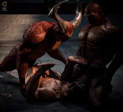 3boys ass big_penis dick fuck_and_suck general_shao goro johnny_cage men_of_atlus monster_boy mortal_kombat mortal_kombat_1_(2023) penis shao_kahn sucking_penis
