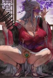 1other artist_request censored chinese_clothes chinese_mythology cleavage dark-skinned_male fellatio_gesture female huge_cock human legends_of_the_three_kingdoms male no_panties veil