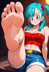 1girls 2d ai_generated belt blue_hair bulma_(dragon_ball) dragon_ball dragon_ball_z dungeon feet muscles navel rocks shiroppo shorts