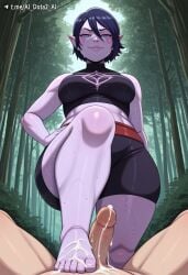 1boy ai_dota_ai ai_generated artist_name barefoot black_hair black_shorts blue_eyes breasts clothed_female_nude_male colored_skin crop_top cum cum_on_body cum_on_feet dota_2 facial_mark feet female femdom footjob forest from_below hair_between_eyes hand_on_own_hip lanaya looking_at_viewer midriff nature nude outdoors penis pointy_ears pov pov_crotch purple_skin short_hair shorts smile smug solo_focus stepped_on straight sweat templar_assassin toenails toes uncensored