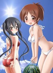 2girls artist_name azusa_nakano_(k-on!) bikini black_hair blush brown_eyes brown_hair female k-on! looking_at_viewer looking_back_at_viewer outdoors smiling_at_viewer swimsuit tagme ui_hirasawa_(k-on!) watermelon