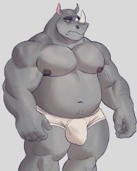 2022 5_fingers absurd_res adios barazoku black_eyebrows briefs bulge clothed clothing colored detailed_bulge eyebrows fingers hi_res humanoid_hands male mammal navel nipples rhinoceros solo thick_eyebrows underwear underwear_only white_briefs white_clothing white_underwear