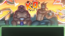 16:9 4k absurd_res anthro balls beard big_bulge big_penis bodily_fluids bovid bulge canid canine canis caprine clothed clothing controller deliverymutt detailed_bulge domestic_dog duo ear_piercing electronics erection eyewear eyewear_only facial_hair floppy_ears fur furniture gaming genital_fluids genital_outline genitals glasses goat hair hair_over_eyes hat hat_over_eyes headgear headgear_only headwear headwear_only hi_res holding_controller holding_object horn huge_cock long_ears male mammal mostly_nude moustache musclegut muscular muscular_anthro muscular_male nipple_piercing nipples nude on_sofa partially_clothed_male penis penis_outline piercing round_glasses shirtless_anthro shirtless_male sitting sitting_on_sofa smile sofa tan_body tan_fur television underwear underwear_only wearing_glasses widescreen