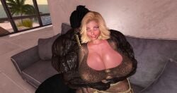 blacked blonde_hair blue_eyes cleavage clothes huge_breasts looking_at_viewer muscles second_life vein