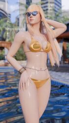 3drendernoob belly_chain belly_piercing bikini blonde_hair cleavage emilie_de_rochefort golden_bikini long_hair poolside sideboob sunglasses swimsuit tekken tekken_8 video_game_character