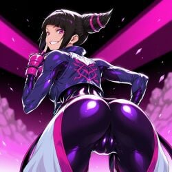 ai_generated ass black_hair eyelashes female from_behind grin hand_on_own_hip hand_up index_finger_raised juri_han looking_at_viewer looking_back purple_eyes solo street_fighter teeth