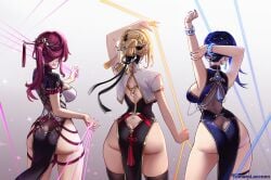 3girls alternate_costume alternate_hairstyle arm_up arms_up artist_name ass back backboob bare_shoulders black_collar black_dress black_ribbon black_thighhighs blonde_hair blue_hair blue_nails breasts butt_crack china_dress chinese_clothes clothing_request collar commentary company_connection cowboy_shot crossover dress earrings english_commentary evelyn_chevalier facing_away fingernails from_behind genshin_impact gradient_background hair_ornament hair_stick highres honkai:_star_rail honkai_(series) jewelry kafka_(honkai:_star_rail) large_breasts long_hair long_ribbon median_furrow mihoyo multiple_girls nail_polish nape paid_reward_available pelvic_curtain purple_hair purple_nails ribbon ring_hair_ornament short_hair standing thighhighs thighs tomatolaccoon underbutt white_background wide_shot yelan_(genshin_impact) zenless_zone_zero