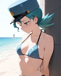 2025 2girls ai_assisted ai_generated aqua_hair artist_name beach bikini black_bikini blue_bikini blush breasts collarbone day female green_hair hat hgihres high_quality high_res high_resolution lumis_art multiple_girls navel ocean officer_jenny_(pokemon) outdoors patreon pokemon shade side-tie_bikini solo_focus stable_diffusion sweat swimsuit twintails water watermark wet