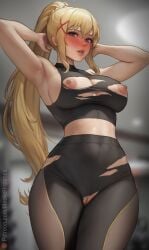 1girls 2023 absurd_res absurdres areola areolae arms_above_head arms_up bangs bare_arms bare_breasts bare_shoulders bare_skin bare_thighs big_breasts blonde_hair blue_eyes blush blushing_female blushing_profusely breasts busty child_bearing_hips clothed clothing darkness_(konosuba) edit embarrassed embarrassed_nude_female enf female female_focus female_only forced_nudity genitals gym_clothes hairless_pussy high_resolution highres hips kono_subarashii_sekai_ni_shukufuku_wo! large_breasts light_skin light_skinned_female long_hair long_ponytail looking_at_viewer meekohopanes naked naked_female naked_in_public navel nipples open_mouth ponytail public public_exposure public_humiliation public_indecency public_nudity pussy shaved_pussy shiny shiny_body shiny_breasts shiny_skin shorts solo solo_female solo_focus standing thick_thighs thighs torn_clothes torn_clothing torn_legwear vagina very_high_resolution voluptuous voluptuous_female