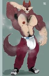 2025 abs anthro areola armpit_hair barazoku biceps big_bulge big_muscles bodily_fluids body_hair border bottomwear bulge canid canine canis chest_hair claws clothed clothing deltoids detailed_bulge dripping eyebrows fangs footwear fur genital_fluids green_background grey_border hair hand_behind_head hank_howell_(piti_yindee) happy_trail hi_res huge_bulge huge_muscles looking_at_viewer male mammal manly muscular muscular_anthro muscular_male musk musk_clouds narrowed_eyes navel nipples obliques pants pecs precum precum_through_clothing precum_through_underwear pubes sabertooth_(anatomy) shadow sharf shoes signature simple_background smile solo standing sweat teeth thick_arms topless topless_anthro topless_male tuft underwear unzipped vein wet wet_clothing wolf zipper