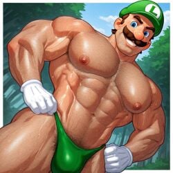 1boy abs ai_generated arm_hair bara biceps blue_eyes body_hair brown_hair bulge chest chest_hair daddy dizdoodz_(style) facial_hair gloves green_hat green_thong grin hairy_male hands_on_hips hat large_muscles light-skinned_male light_skin looking_at_viewer luigi male male_nipples male_only mario_(series) masculine_male mature mature_male moustache muscles muscular muscular_male navel nintendo nipples outdoors pecs pubic_hair smiling solo solo_focus solo_male sweat sweating thong trees upper_body white_gloves