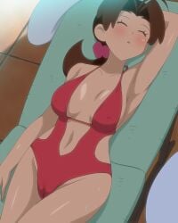ahoge arm_up armpits bare_arms bare_legs bare_shoulders bare_thighs belly_button big_breasts blush breasts breasts_apart brown_hair cameltoe chair closed_eyes clothing_cutout collarbone delia_ketchum_(pokemon) groin hair_ornament hair_scrunchie halterneck hip_focus low_ponytail lying makino_tomoyasu mature_female milf nipples_visible_through_clothing one-piece_swimsuit outdoors parted_lips pokemon red_one-piece_swimsuit shiny_skin side_cutout sideboob sleeping swimsuit thighs