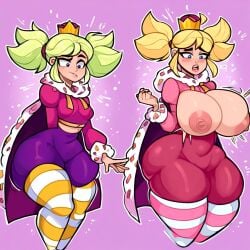 2d ai_generated before_and_after bimbo bimbo_transformation bimbofication blonde_hair blonde_hair_female blue_eyes breast_expansion large_breasts large_thighs pink_clothing thick_thighs thigh_expansion thigh_high_socks thighhighs