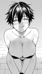 :q bra breasts collarbone enpix female from_above greyscale hair_between_eyes hashtag-only_commentary highres large_breasts long_hair looking_at_viewer monochrome original panties penis_shadow solo thighs tongue tongue_out underwear underwear_only
