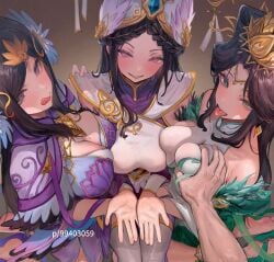 3girls artist_request chinese_clothes chinese_mythology female female_only grabbing_breasts headdress human legends_of_the_three_kingdoms see-through