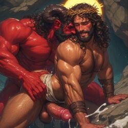 ai_generated beard big_penis blasphemy christianity cum_on_body cum_on_face demon devil devil_horns excessive_cum gothkelt hairy_chest hairy_male horns jesus_christ male male_only muscular_male penis red_skin satan satan_(christianity)