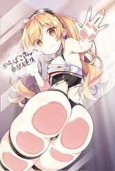 against_glass akaneya armpits artist_name ass ass_focus ass_on_glass ass_press azur_lane blonde_hair breast_zipper breasts crotch_zipper female from_below goggles goggles_on_head green_eyes hand_on_glass highres huge_ass leonardo_da_vinci_(azur_lane) long_hair looking_at_viewer medium_breasts multicolored_eyes off_shoulder orange_eyes panties revealing_clothes smile solo swept_bangs thigh_strap thighs thong twintails twitter_username underwear wide_hips zipper zipper_pull_tab