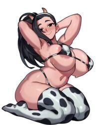 1girls animal_print animated areola_slip armpits arms_behind_back arms_behind_head big_breasts bikini black_hair blush boku_no_hero_academia bouncing_breasts breasts brown_eyes covered_nipples cow_horns cow_print cow_print_bikini cow_print_thighhighs curvy fake_horns female female full_body hairband highres hip_dips horns huge_breasts kneeling large_breasts long_hair looking_to_the_side melonpuff momo_yaoyorozu my_hero_academia navel no_shoes ponytail print_bikini print_thighhighs seiza simple_background sitting smile solo solo_female sweat swimsuit tagme teenage_girl teenager thick thick_thighs thighhighs video voluptuous white_background zakynar