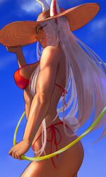 animal_ears bikini blue_sky boku_no_hero_academia breasts bunny_ears bunny_girl cloud dark-skinned_female dark_skin day ears_through_headwear female from_side halterneck hand_on_own_hat hat highres hitomazuk holding_hula_hoop hoop hula_hoop large_breasts long_eyelashes long_hair looking_at_viewer mirko miruko my_hero_academia outdoors parted_bangs parted_lips rabbit_ears rabbit_girl rabbit_tail red_bikini red_eyes rumi_usagiyama side-tie_bikini_bottom sideboob sky smile solo solo_female string_bikini sun_hat swimsuit tail tail_through_clothes thighs toned toned_female very_long_hair white_hair