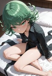 1girls absurdres ai_generated aiya_ayai annoyed barefoot bed black_dress close-up curly_hair feet female flat_chest green_eyes green_hair hi_res highres looking_at_viewer looking_up on_bed one_punch_man petite pillow sitting slim_girl slim_waist small_breasts solo tatsumaki yokozuwari