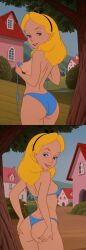 2025 ai_generated alice_(disney) alice_in_wonderland alice_liddell background bikini blue_eyes civitai d3rmal disney grabbing grabbing_butt house lipstick long_hair looking_at_viewer multiple_images naughty naughty_face pose posing_for_the_viewer removing_bra removing_underwear seductive seductive_look seductive_smile sky standing tagme tree yellow_eyes