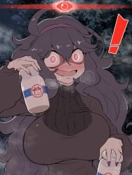 ! 1girls @_@ absurdres ahoge alpha_pokegirl alpha_pokemon alternate_breast_size blush bottle breasts crazy_smile dress fake_screenshot female female_focus gameplay_mechanics glowing glowing_eyes hex_maniac hex_maniac_(pokemon) highres implied_lactation kurachi_mizuki large_breasts long_hair looking_at_viewer messy_hair milk milk_bottle moomoo_milk nail_polish naughty_face nintendo pokemon pokemon_legends:_arceus pokemon_xy purple_hair smile solo sweat turtleneck turtleneck_dress upper_body