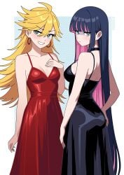 2girls absurdres ass black_choker black_dress blonde_hair blue_eyes border breasts choker colored_inner_hair commentary dress earrings english_commentary female hand_on_own_hip highres hoop_earrings jewelry long_hair looking_at_viewer multicolored_hair multiple_girls nico-neko panty_&_stocking_with_garterbelt panty_anarchy red_dress siblings sisters smile stocking_anarchy two-tone_hair white_border