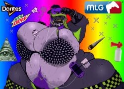 50beowulf anthro armpit_hair belt cigarette covered_eyes deal_with_it doritos female huge_breasts illuminati mammal mephitid mlg monster_energy mountain_dew overweight overweight_female pubes scene_(fashion) scene_hair skunk solo spiked_bracelet spiked_collar sweaty terra(beowulf) thick_thighs