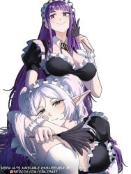 2girls bare_arms bare_shoulders big_breasts clothed clothing color elf_ears elf_female female female_focus female_only fern_(sousou_no_frieren) frieren frieren_beyond_journey's_end hi_res large_breasts light-skinned_female light_skin long_hair looking_at_viewer maid maid_outfit maid_uniform opalisart purple_hair solo_female sousou_no_frieren tagme thick_thighs white_hair