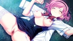 1boy ^_^ arms_up black_bow black_hairband blood blue_dress blush bow bowtie breasts breasts_out censored closed_eyes closed_mouth clothes_lift collared_shirt defloration dress dutch_angle female frilled_bow frills frown fumio_(ura_fmo) furrowed_brow game_cg garter_straps grass grimace grisaia_(series) grisaia_no_kajitsu hairband hairbow highres holding_hands interlocked_fingers invisible_penis kazami_yuuji komine_sachi lace-trimmed_legwear lace_trim lying male medium_breasts mihama_private_academy_school_uniform moonlight mosaic_censoring night nipples no_panties non-web_source on_back on_grass out_of_frame outdoors pain parted_bangs partially_unbuttoned partially_undressed pink_hair plaid_bow plaid_bowtie plaid_clothes pov pussy pussy_juice raised_inner_eyebrows sailor_collar school_uniform shirt shirt_under_dress short_hair short_sleeves sidelocks skirt skirt_lift sleeveless sleeveless_dress solo_focus spread_legs spread_pussy swept_bangs tearing_up teeth thick_eyelashes thighhighs thighs two_side_up unworn_shirt upper_teeth_only vaginal_penetration wavy_eyebrows wavy_mouth white_sailor_collar white_shirt white_thighhighs wince