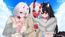 3girls akumi bangs bare_shoulders beach black_hair blue_sky blush breasts choker cloud collarbone cup day demon_girl eyebrows_visible_through_hair female hair_between_eyes holding horns jewelry large_breasts long_hair long_sleeves looking_at_viewer momotexx_(vtuber) multiple_girls nano_(nanoless) necklace ocean off_shoulder oni_horns outdoors phone purple_eyes red_eyes shirt short_hair silver_hair sky sleeves_past_wrists smile streaked_hair sweater tail upper_body vyugen white_shirt yellow_eyes