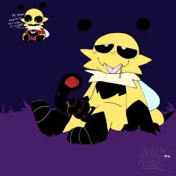 1:1 ambiguous_gender anthro arthropod bee bodily_fluids cult_of_the_lamb drooling duo enjoying fan_character genital_fluids genitals hymenopteran insects male massive_monster_(studio) nelly_(nellytines) nellytines night outside_sex penis precum red_crown_(cult_of_the_lamb) saliva sex stroking_penis