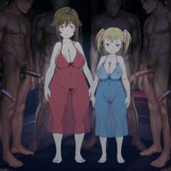 2girls ai_generated barefoot breasts cleavage dark-skinned_male haha_musume_donburi_oppai_tokumori_bonyuu_shiru_dakude huge_breasts imminent_sex large_breasts larger_male male mother_and_daughter multiple_boys nightgown nipple_bulge penis pubic_hair pussy rumi_(haha_musume_donburi) sakie_(haha_musume_donburi) see-through_clothing wide_hips