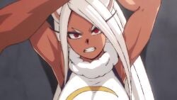1girls 1other animal_ears animated armpits arms_up bare_shoulders boku_no_hero_academia bound bound_wrists breasts clenched_teeth commentary covered_abs covered_navel crescent_print dark-skinned_female dark_skin english_commentary female fur_collar gloves highleg highleg_leotard kuroyara large_breasts leotard long_eyelashes long_hair looking_at_viewer mirko miruko my_hero_academia parted_bangs purple_thighhighs rabbit_ears rabbit_girl red_eyes rumi_usagiyama sleeveless_turtleneck_leotard sweatdrop tagme taut_leotard teeth thick_thighs thighhighs thighs toned toned_female v-shaped_eyebrows very_long_hair video white_gloves white_hair white_leotard