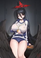 bench black_choker black_hair black_wings blue_archive blush breasts choker collarbone female gym_shorts gym_uniform hair_between_eyes halo hasumi_(blue_archive) hasumi_(track)_(blue_archive) high_ponytail highres huge_breasts jacket locker long_hair looking_at_viewer official_alternate_costume oversized_wings partially_unzipped ponytail raised_eyebrows red_eyes shadow shadow_cat shadow_cat_(yingmiao) short_shorts shorts sitting solo sweatdrop taut_clothes thighs track_jacket unzipping very_long_hair whistle whistle_around_neck wings