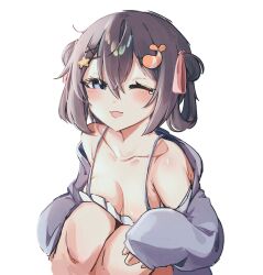 ;d bangs bare_shoulders bikini blue_eyes blush breasts brown_hair cleavage collarbone diagonal_stripes double_bun eyebrows_visible_through_hair female hair_between_eyes hair_ornament hairclip jacket lilnoot_(vtuber) long_sleeves looking_at_viewer medium_breasts oerba_yun_fang off_shoulder one_eye_closed open_clothes open_mouth side_ponytail sleeves_past_fingers sleeves_past_wrists smile solo star_(symbol) star_hair_ornament striped striped_background swimsuit vertical_stripes virtual_youtuber white_background white_bikini