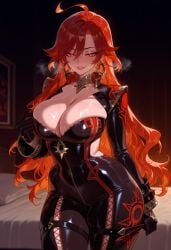 1girls ahoge ai_generated balecxi bangs bed black_bodysuit black_gloves blush bodysuit breasts cleavage clothing covered_navel curvaceous curvaceous_female curvaceous_figure curvy curvy_figure earrings female female_focus female_only genshin_impact gloves hair_between_eyes hoyoverse indoors inviting inviting_to_sex jewelry large_breasts lips lipstick long_hair long_sleeves looking_at_viewer makeup mavuika_(genshin_impact) mole on_bed orange_eyes orange_hair parted_lips pillow presenting presenting_ass presenting_breasts presenting_hindquarters presenting_self pulled_by_self red_eyes red_hair seductive seductive_look seductive_smile shiny_skin skin_tight skindentation smile solo sweat thick_thighs thighs very_long_hair voluptuous voluptuous_female wide_hips zipper zipper_pull_tab