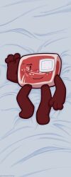 1boy 1male animate_inanimate bandage_over_one_eye black_arms black_legs blue_eyes blush blush_lines blushing_at_viewer body_pillow bodypillow color colored dakimakura dakimakura_design hominid_object looking_at_viewer lying lying_down lying_on_back male male_only nervous nervous_expression nervous_smile object_show object_shows objectified_(webcomic) red_body solo solo_male wagyu_(objectified)