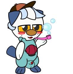 alpha_channel animal_genitalia balls blush blush_stickers bubble bubble_pipe clothing cute_fangs deerstalker_hat fangs feral fully_sheathed garnet_(lunamann) generation_5_pokemon genitals hat headgear headwear hi_res lunamann male nintendo oshawott penis penis_tip pokemon pokemon_(species) sheath simple_background smile solo teeth transparent_background vector_art