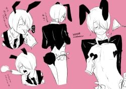 2boys blush bunny_ears bunny_tail bunnysuit carrot dilf embarrassed femboy femboy_dilf gay gegege_no_kitarou hair_over_one_eye heart_pasties kitarou_tanjou_gegege_no_nazo male male_only male_playboy_bunny medama_oyaji_(human) mokkaseiya money money_in_underwear money_under_clothes monochrome open_mouth pasties pink_background reverse_bunnysuit solo_focus tongue_out yaoi