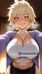 black_skirt blonde_hair blush boku_no_hero_academia breasts breath camisole cardigan ceiling_light cleavage collarbone crop_top female from_below grin heavy_breathing indoors lamp large_breasts lips looking_at_viewer mature_female meitabuu midriff mitsuki_bakugou my_hero_academia navel open_cardigan open_clothes outstretched_arms pov purple_cardiganbakugou_mitsuki red_eyes short_hair skirt smile solo spaghetti_strap spiked_hair steam steaming_body stomach sweat teeth underboob very_sweaty white_camisole