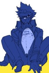 1boy ace_attorney almost_naked bangs biting_clothes biting_shirt blue_text clay_terran english_text gloves gyakuten_saiban handwritten_text looking_at_viewer male male_focus male_only nipples nose_bandage shirt_in_mouth shirt_lift simple_background sitting_on_ground spiky_hair spread_legs sweat sweatdrop twunk visor visor_cap イシダ
